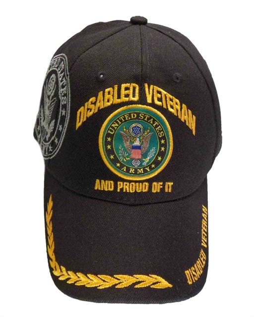 1158-CP-BLK. Disabled Veteran Proud of It Army Emblem w/ Wreath Cap