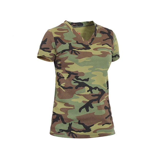 Women's Long Length V-Neck Camouflage T-Shirt, Woodland Camo